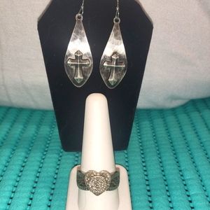 Bradford Exchange Sterling Silver Diamond Ring Size 10 & Montana Silver Earrings